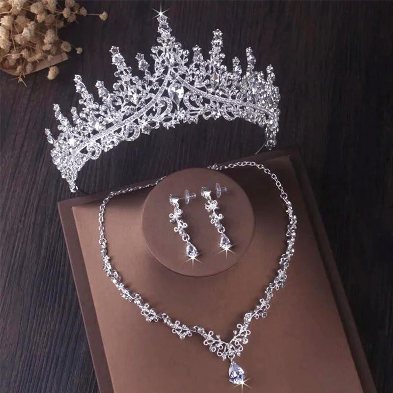 Luxury Silver Color Crystal Water Drop Bridal Jewelry Sets Rhinestone Tiaras Crown   Earrings