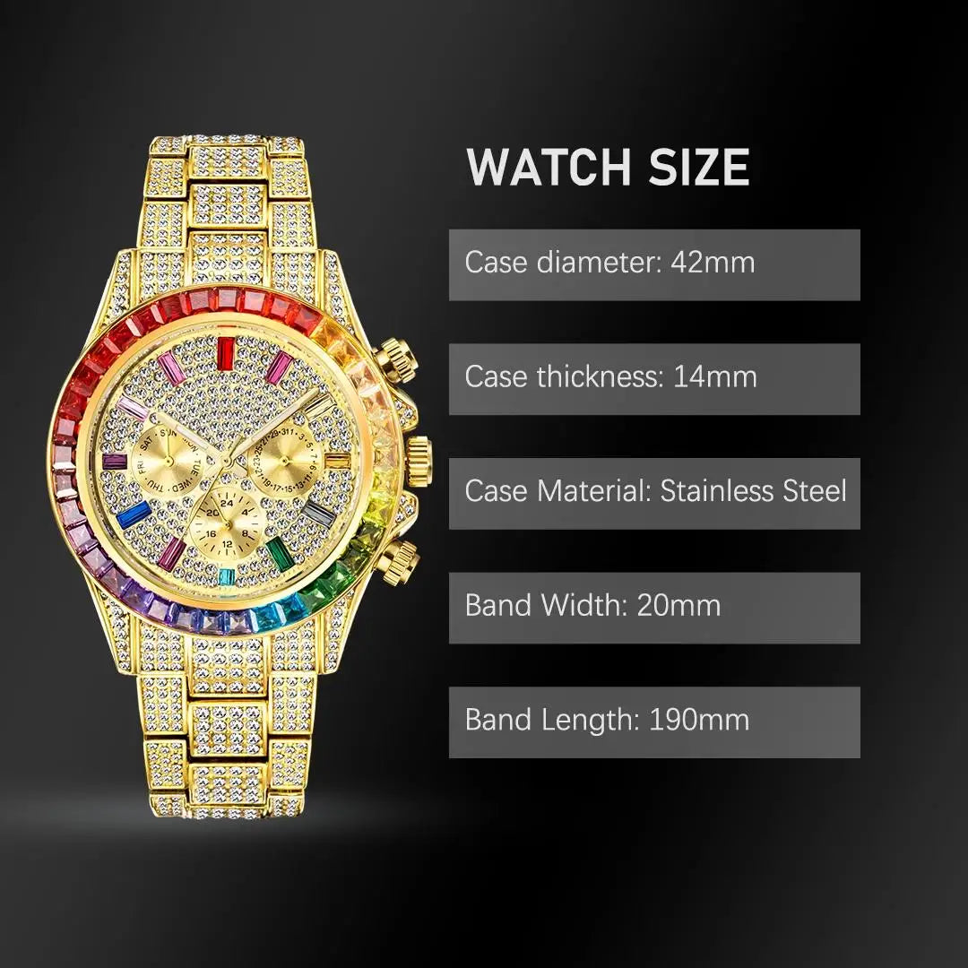 2024 Luxury Brand MISSFOX Gold Hip Hop Watches Men Fashion Rainbow Diamond Waterproof Smart Watch Full Steel Sports Clocks Male - Hiron Store