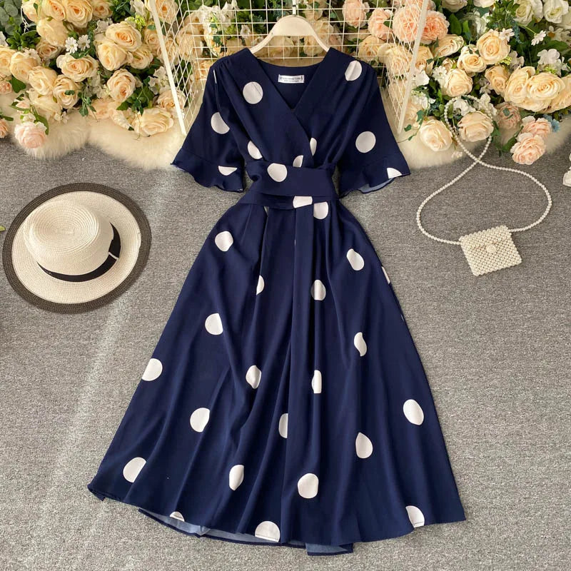 YuooMuoo Chic Fashion Polka Dot Print Women Dress 2024 New Summer Elegant Vintage Bandage Slim Waist Big Swing Long Party Dress - Hiron Store