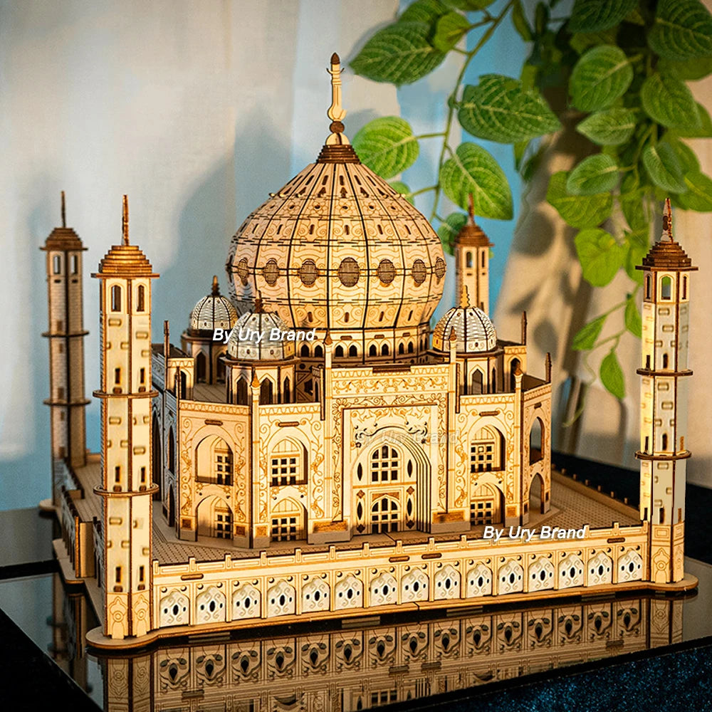 Wooden Puzzle House Royal Castle Taj Mahal With Light Assembly Toy For Kids Adult Model Kits Desk Decoration for Gifts