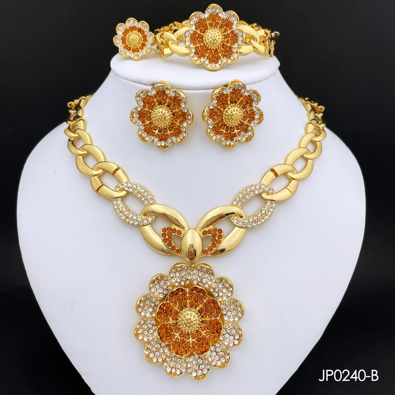 Vintage Jewelry Sets For Women Plant Flower Big Pendant Quality Necklace Earrings Ring Bracelet Set