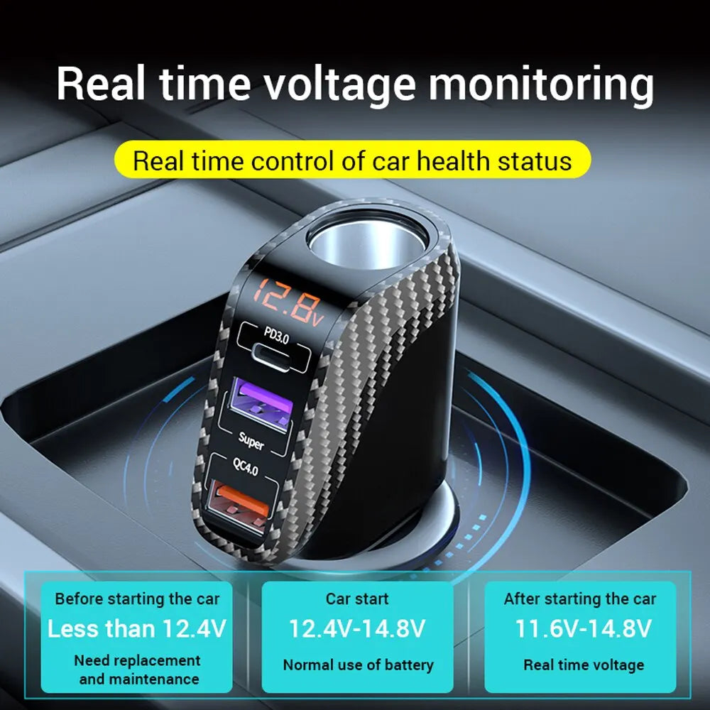 USB Car Charger With 90W Cigarette Lighter Expansion Port PD SCP FCP Quick Charge For iPhone Samsung Huawei