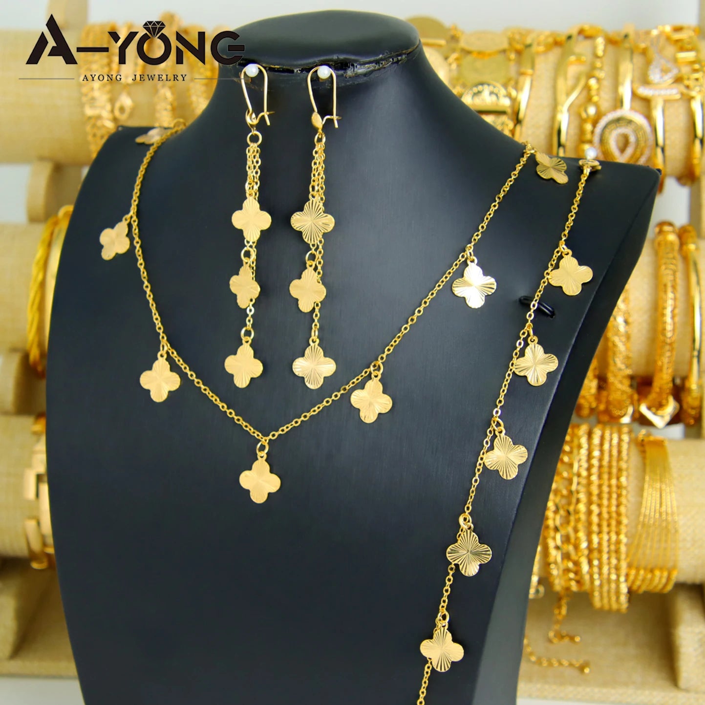 Italian Elegant Gold Color Bead Flower Necklace Set 21k Gold Plated Dubai French Women Bridal Cocktail Party Jewelry