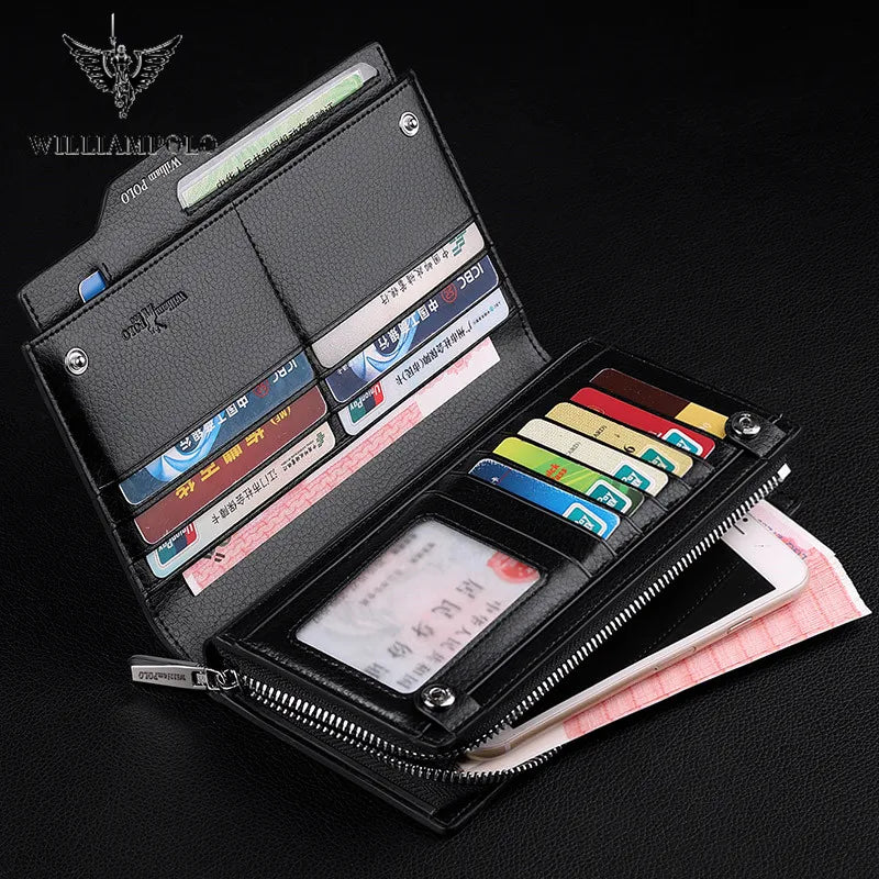 WILLIAMPOLO Men's Wallet Long Wallet Men Clutch Bag Wallet Leather Phone Credit Card Organizer Wallets Removable Card Holder - Hiron Store