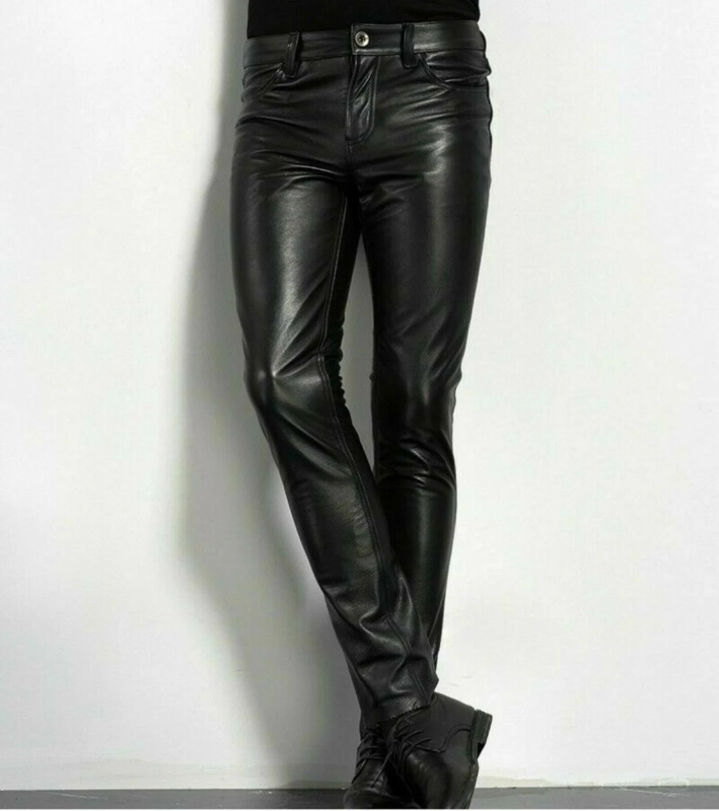 Leather Pants Men's Fashion Rock Style Night Club Dance Pants  Leather Slim Fit Skinny Motorcycle Trousers