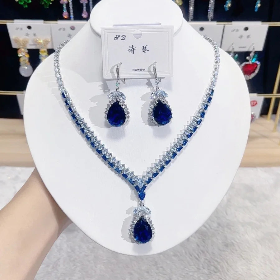 Women Fashion Trend Zircon Luxury Necklace Earrings Blue Drop Set 2025