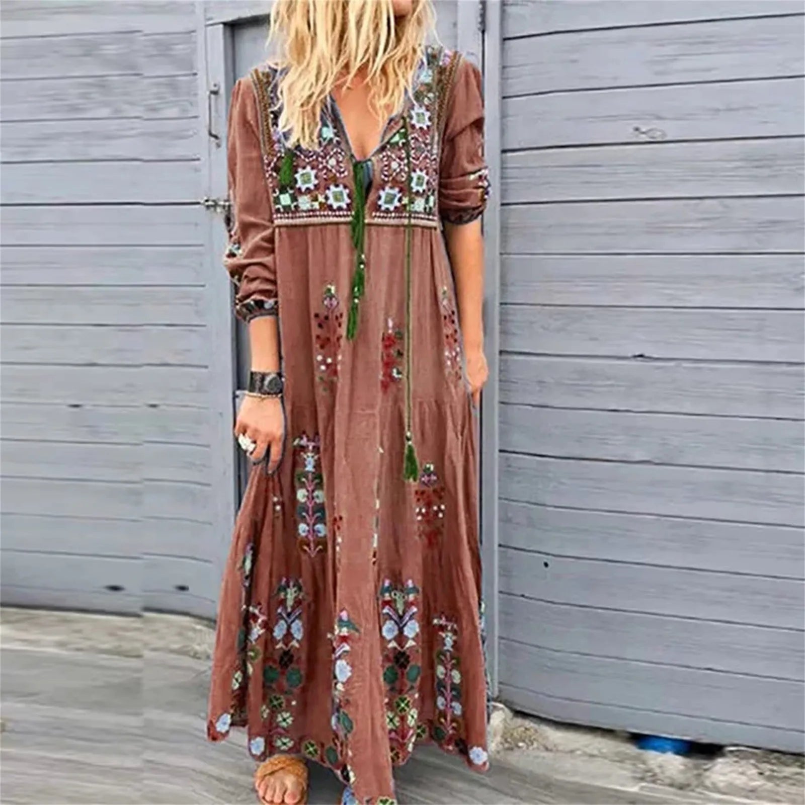 Bohemian Flower Dress For Women Elegant Long Floral Party Dresses Female V Neck Short Sleeve Summer Boho Maxi Dress 2024 - Hiron Store