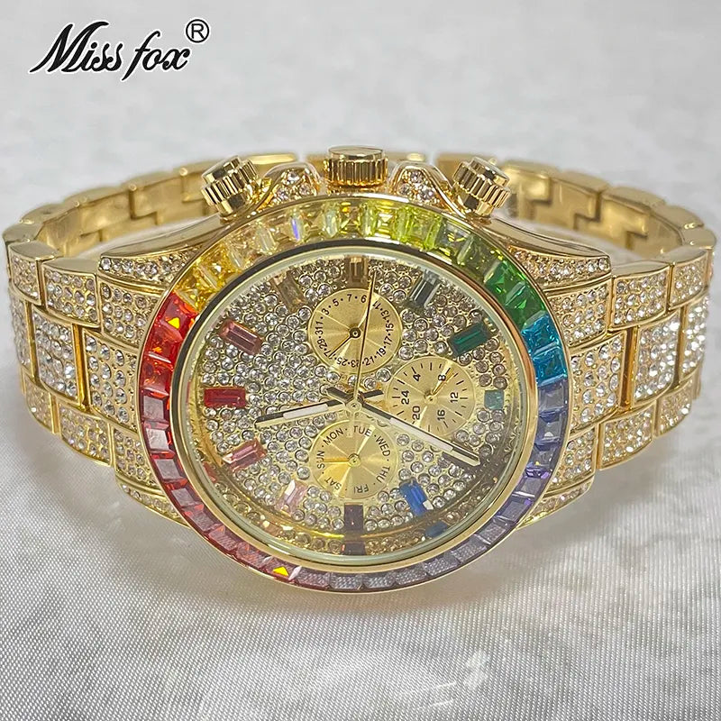 2024 Luxury Brand MISSFOX Gold Hip Hop Watches Men Fashion Rainbow Diamond Waterproof Smart Watch Full Steel Sports Clocks Male - Hiron Store