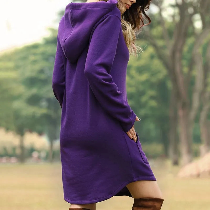 Women Fashion Hoodies Dress Spring Solid Big Pocket Sweatshirt Pop Hoody Casual Long Tops