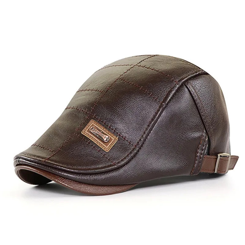 Retro Men Leather Beret Hat Flat Cap  Male  Autumn Winter Warm   Adjustable High-Quality men's British Style Beret Caps - Hiron Store