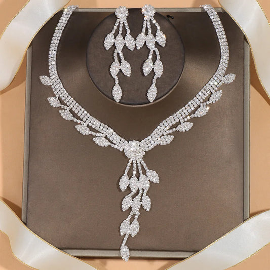 Stonefans Leaf Tassel Wedding Necklace Sets Elegant Jewelry for Women Luxury African Rhinestone Bridal Jewelry Set Banquet Gift - Hiron Store