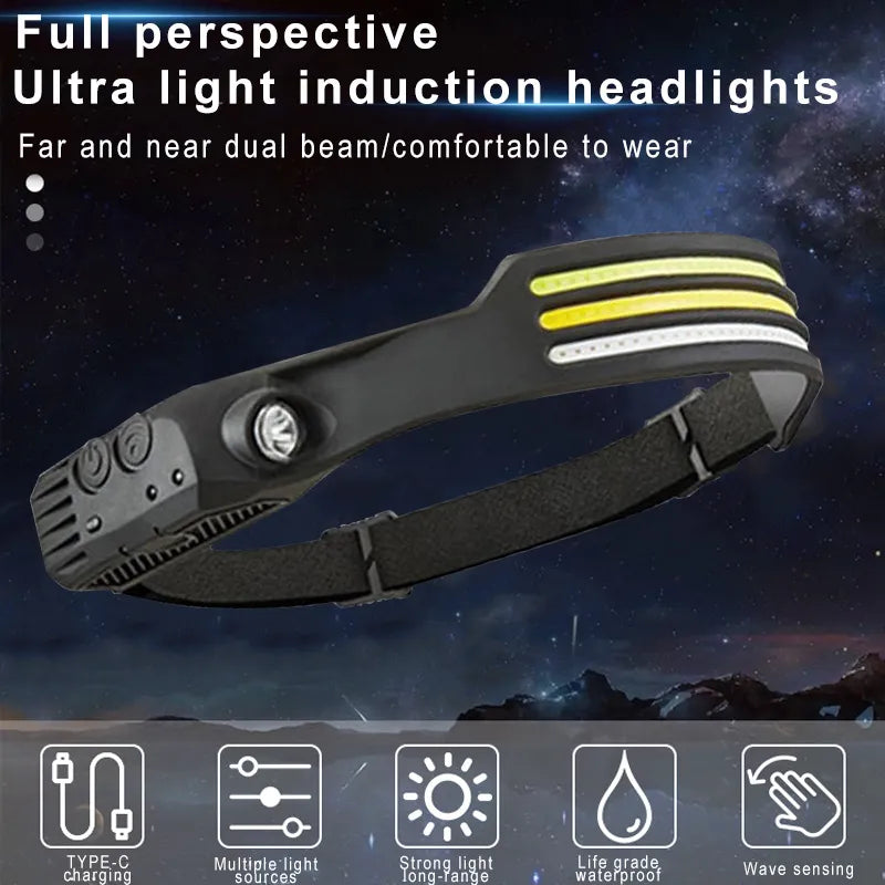 Induction Headlamp COB LED Sensor Head Lamp Built-in Battery Flashlight USB Rechargeable Head Torch 5 Lighting Modes Headlight - Hiron Store