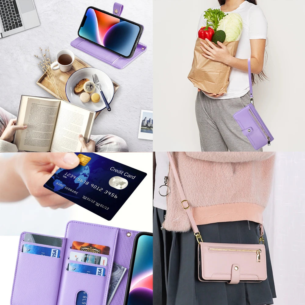 Ladies Card Slots Wallet Crossbody Phone Case for iPhone 15 14 13 12 11 Pro Max Cover with strap