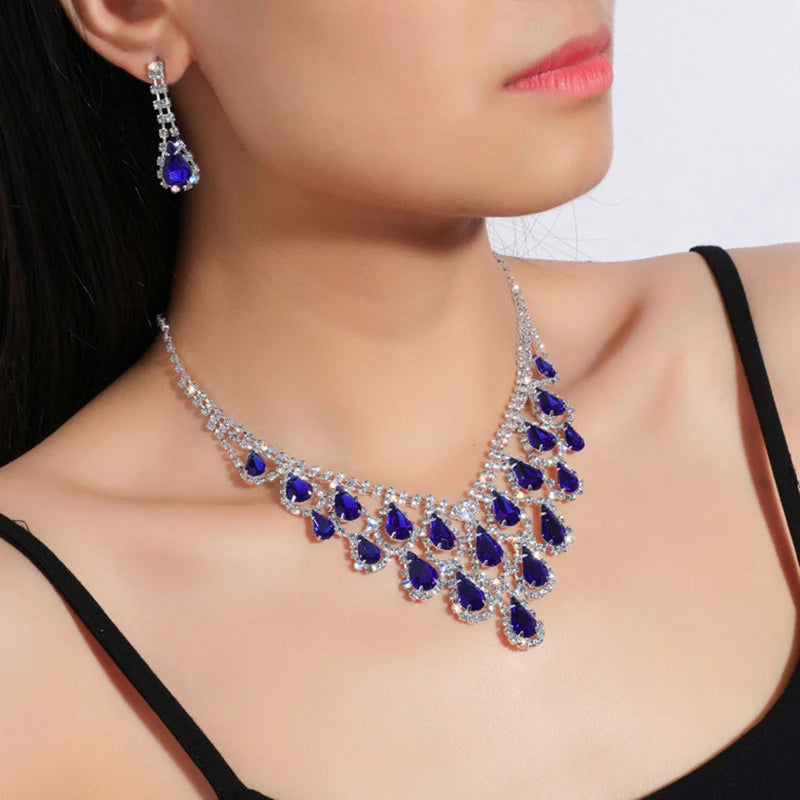 Crystal Blue Red Bridal Jewelry Sets Teardrop Shape Wedding Necklace Earrings Fashion Party Jewelry Sets Women Accessories - Hiron Store