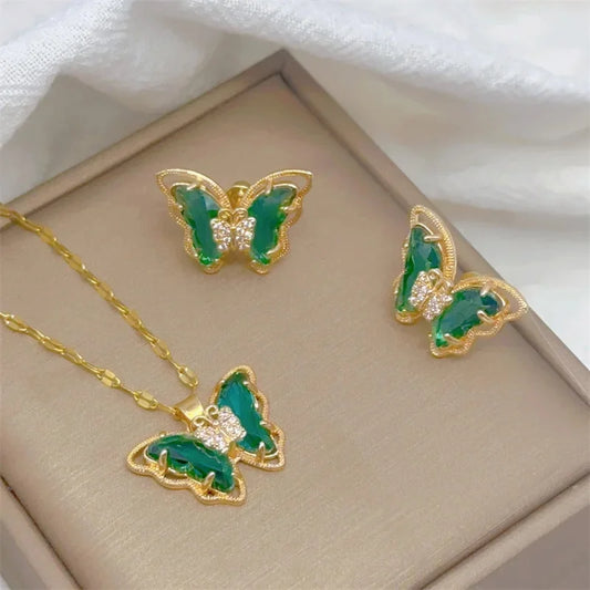 Butterfly Jewelry Set Exquisite Green Crystal Stone Butterfly Earrings Necklace Black Yellow Purple Jewelry