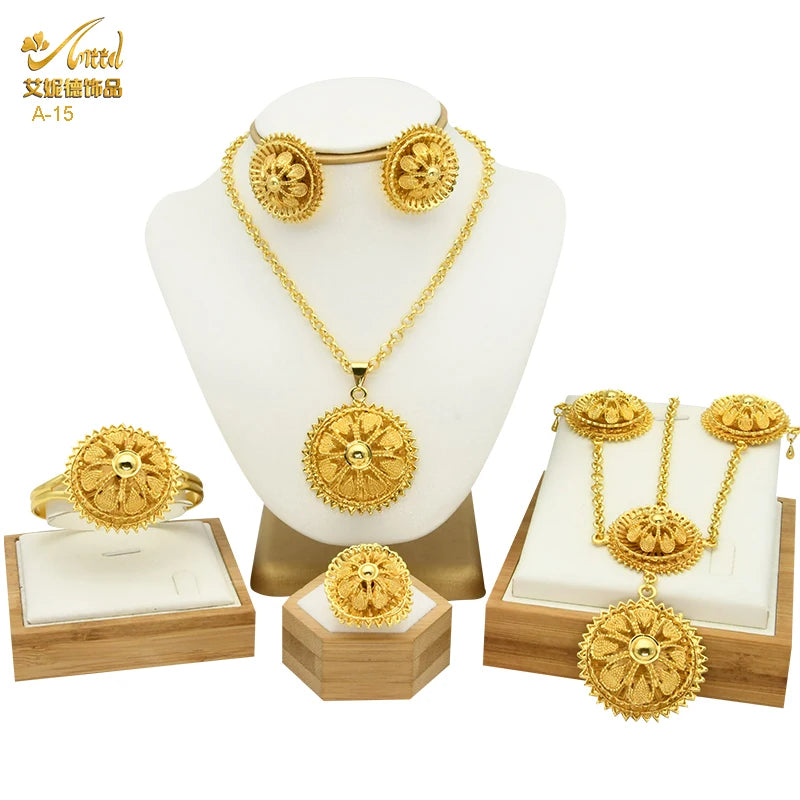 ANIID Ethiopian Gold Plated 6PCS Jewelry Set For Women Indian Red Crystal Luxury Jewellery Sets