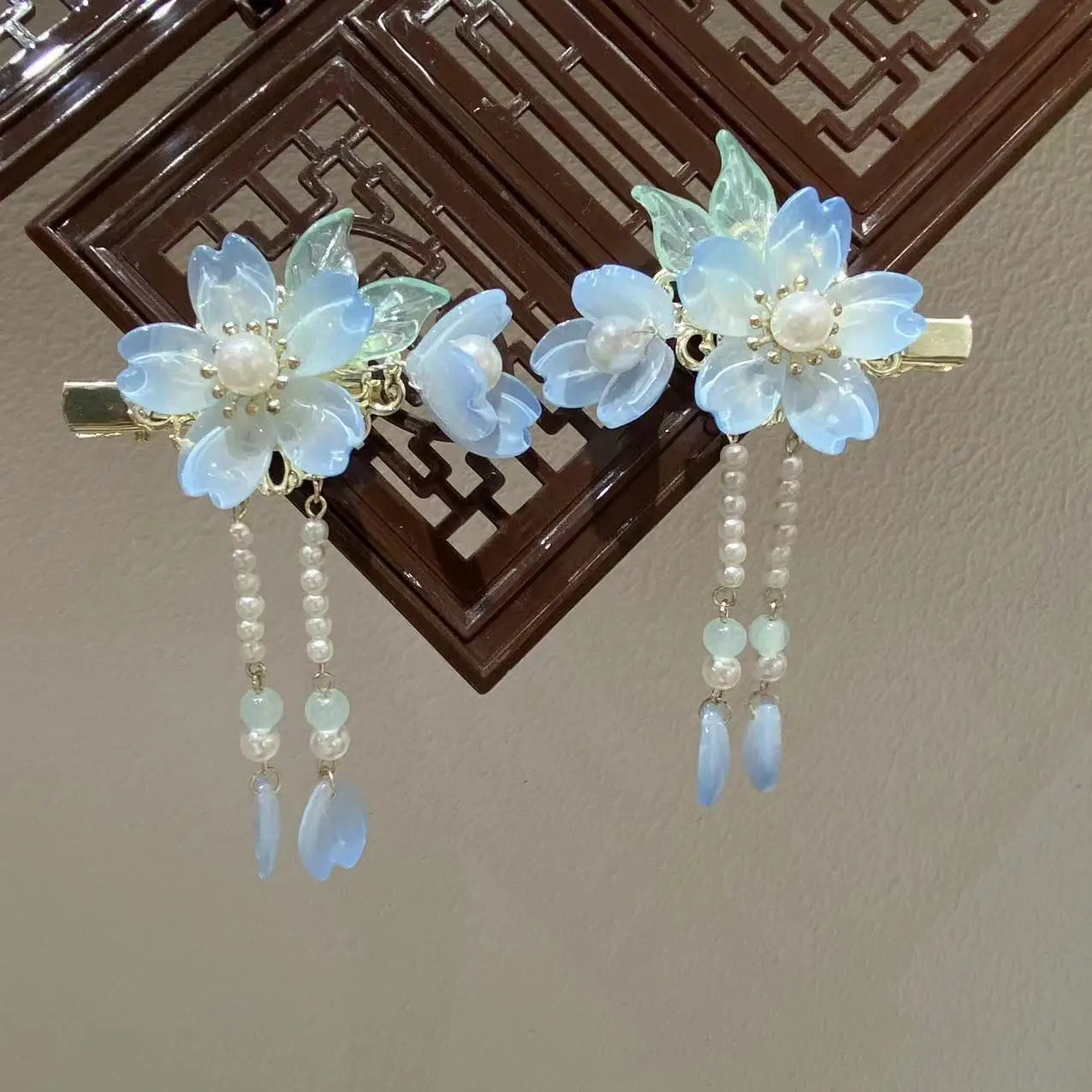 Blue Flower Hairpins Side Clips Retro Chinese Fashion Fringe Jewelry Long Tassel Pendant Headpiece for Women Girls Hanfu Dress - Hiron Store