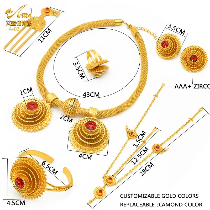 ANIID Ethiopian Gold Plated 6PCS Jewelry Set For Women Indian Red Crystal Luxury Jewellery Sets