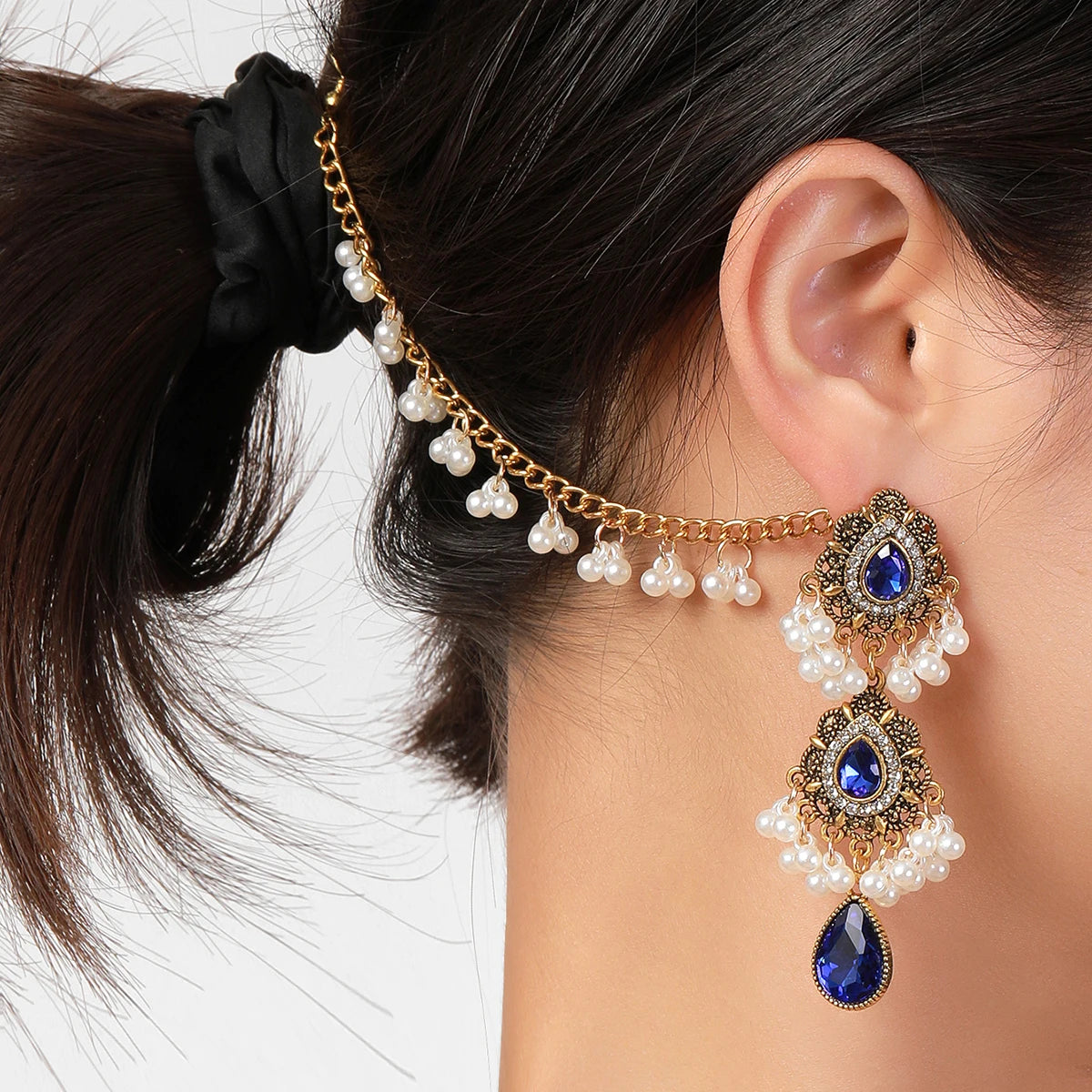 Boho Water Drop Long Earrings Headdress for Women Luxury Crystal Pearl Tassel Wedding Jewellery