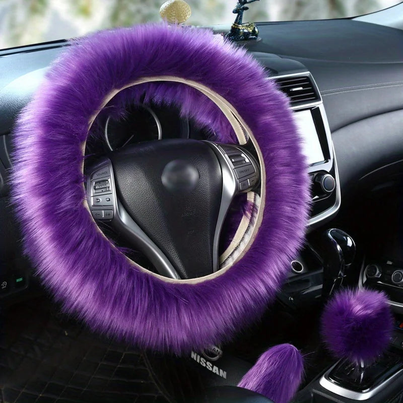 3pcs/set Car Steering Wheel Cover Gear Shift Handbrake Fuzzy Cover Winter Warm Fashion Universal Car Interior Accessories - Hiron Store