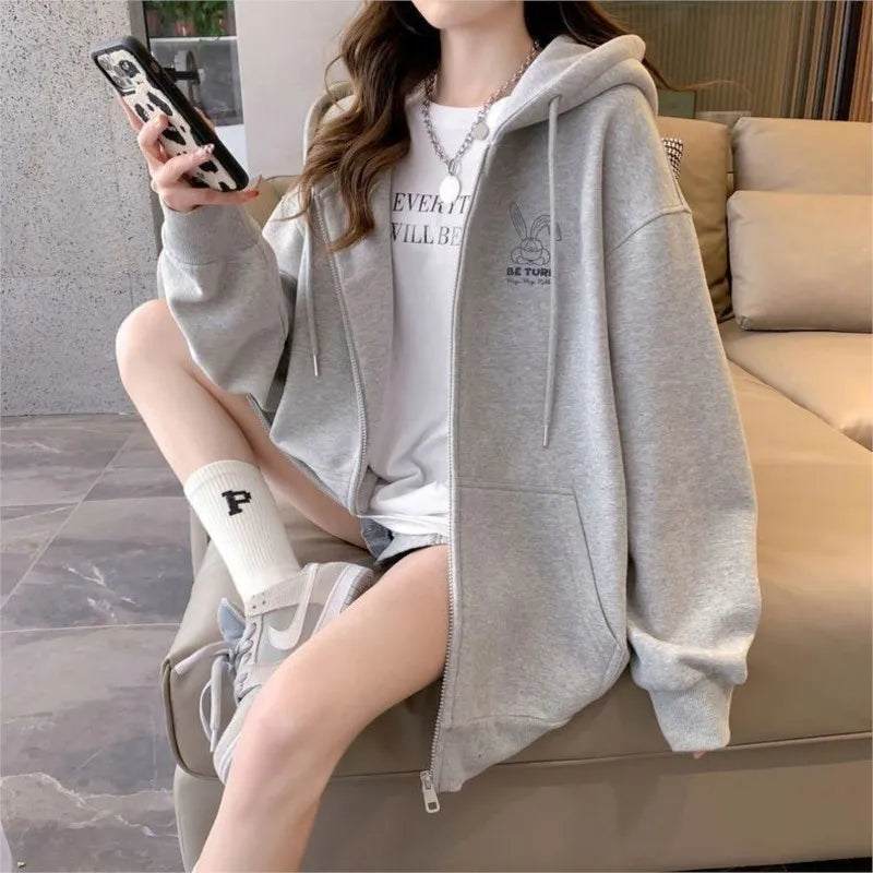 Printed Hoodies Women Solid Jacket High Street Zip Up Hoodie Casual Loose Sweatshirt