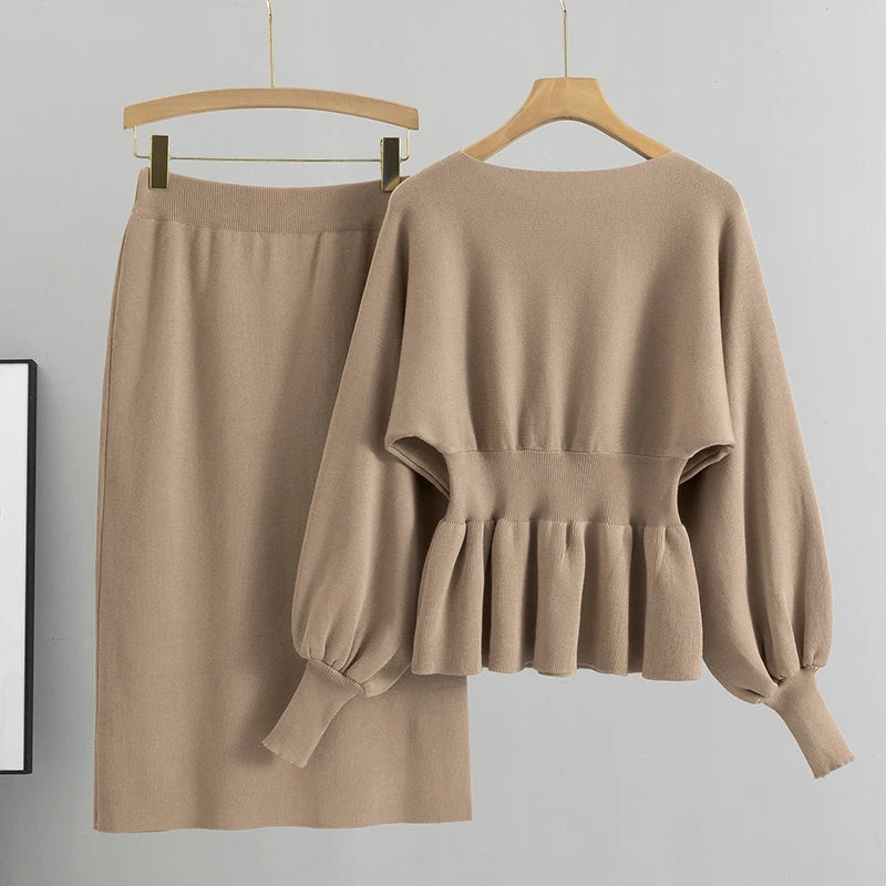 Autumn Elegant  Two Piece Set Women Lantern Long Sleeves Crop Tops Fashion Casual Pullover Sweater Sexy High Waist Skirts Sets