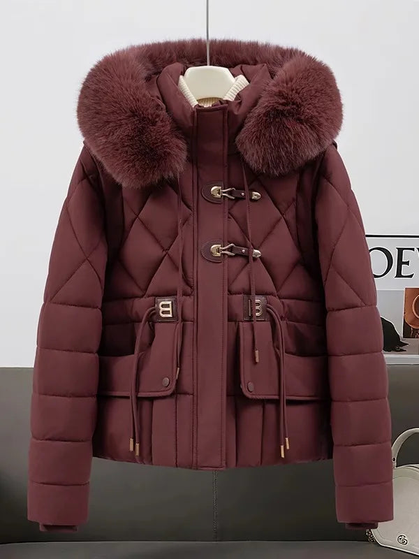 2026 New Women's down Cotton Jacket Short Thickened Large Fur Collar Loose Winter Coat