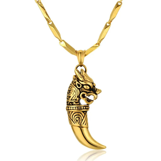 Wolf Tooth Pendant & Chain Male Gold Color Stainless Steel Necklace For Men - Hiron Store