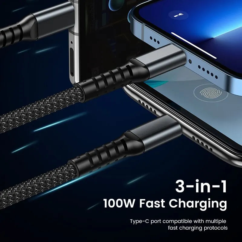 3-in-1 100W 5A Fast Charging USB To Type-C Micro Fast Charger Cable For iPhone 14 13 Samsung Xiaomi Huawei iPhone 14 13 - Hiron Store