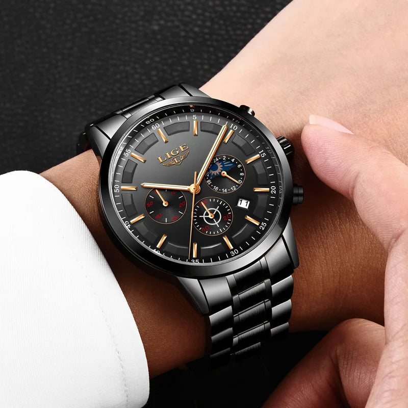 LIGE Business Watches Mens Top Brand Luxury Quartz Wristwatch 3Bar Waterproof Chronograph Luminous Watch for Gentleman Gift+Box - Hiron Store