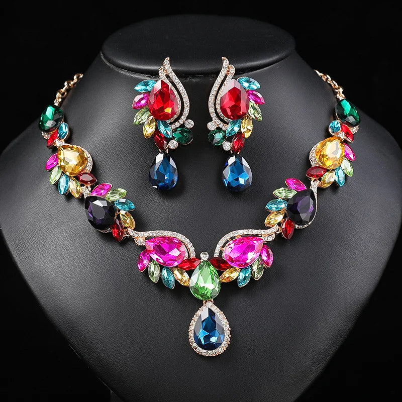 Gorgeous Colourful Crystal Necklace Earring Set Wedding Jewellery