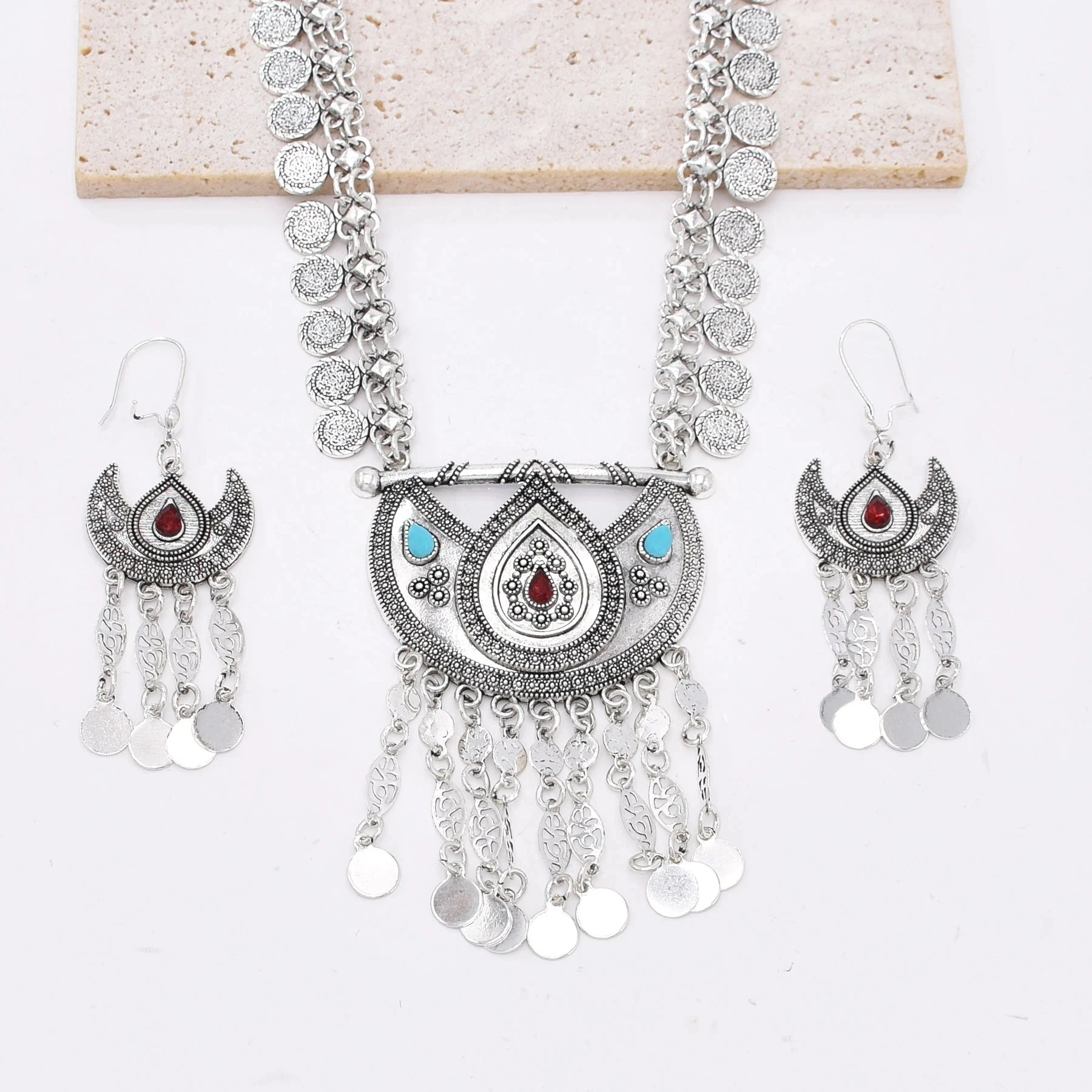 Afghan Pakistan Traditional Coins Moon Necklace Earrings Vintage Gypsy Turkey Ethnic Tribal Bride Wedding Female Jewelry Sets - Hiron Store