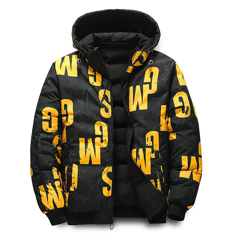 Streetwear Parkas  Jacket, Double-Sided Wear Men's Puffer Jacket, Outdoor Winter Thickened Down Coat, Letter Print Casual Parka Coats