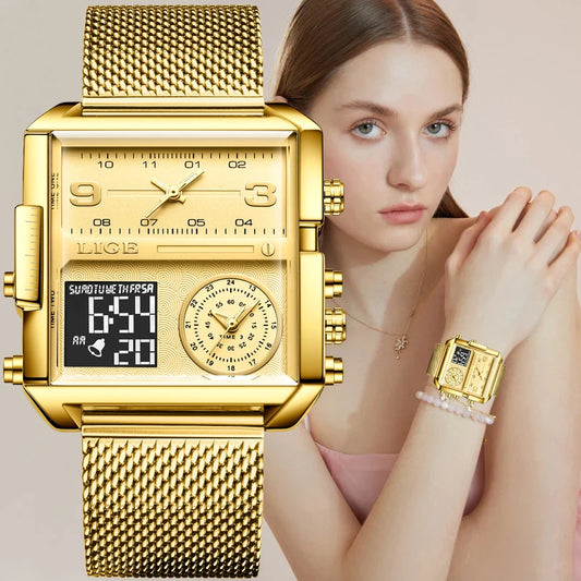 Dual Display Watch Women Top Brand Luxury Creative Square Watches Ladies Casual Gold Watch