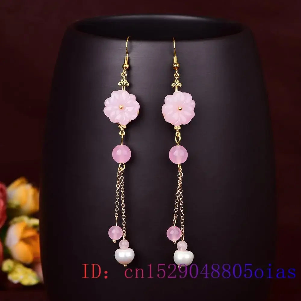 Pink Jade Flower Earrings Chalcedony Gemstone Charm Crystal Jewelry