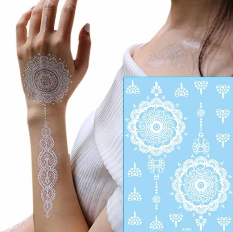 Henna White Lace Tattoo Stickers Bride Wedding Festival Face Neck Chest Arm Hand Foot Body Art Temporary 3D Tattoos