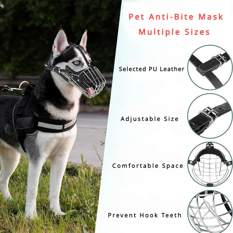 Soft Leather Dog Muzzle Training Collar Adjustable Breathable Straps Mask