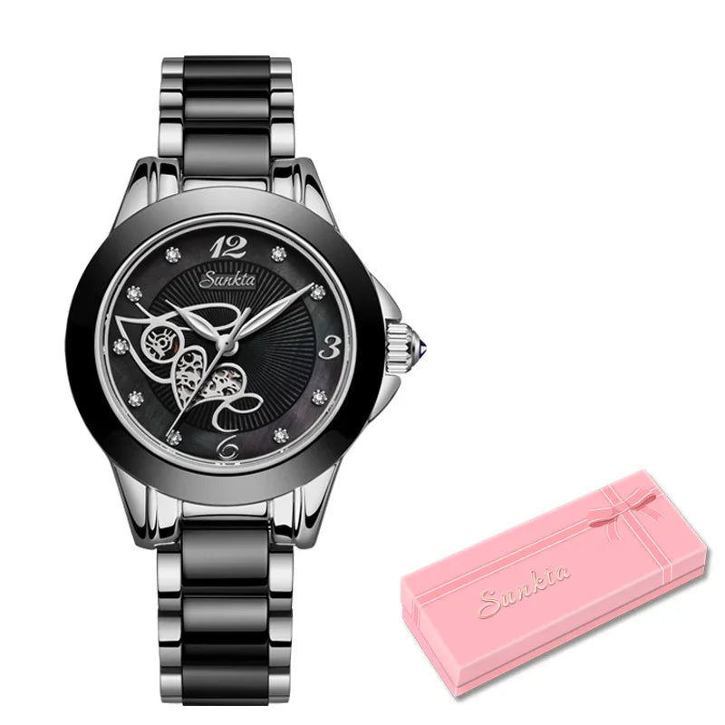 LIGE Brand SUNKTA Luxury Ladies Watch Black Ceramic Diamond Waterproof Quartz Watch for Women Wristwatch Clock Relogios Feminino - Hiron Store