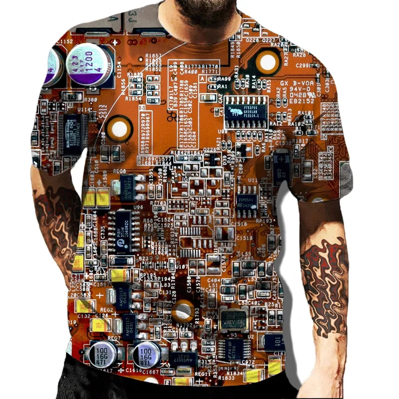 Circuit Board Electronic Chip Tee Unisex Summer Casual Short Sleeve Men Harajuku Streetwear Crew Neck Oversized Family T-shirt - Hiron Store