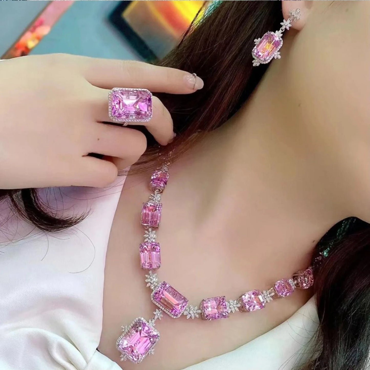 Luxury Female Pink Crystal Rings Jewelry Sets Charm Silver Color Wedding Drop Earrings For Women Luxury Bridal Choker Necklaces - Hiron Store