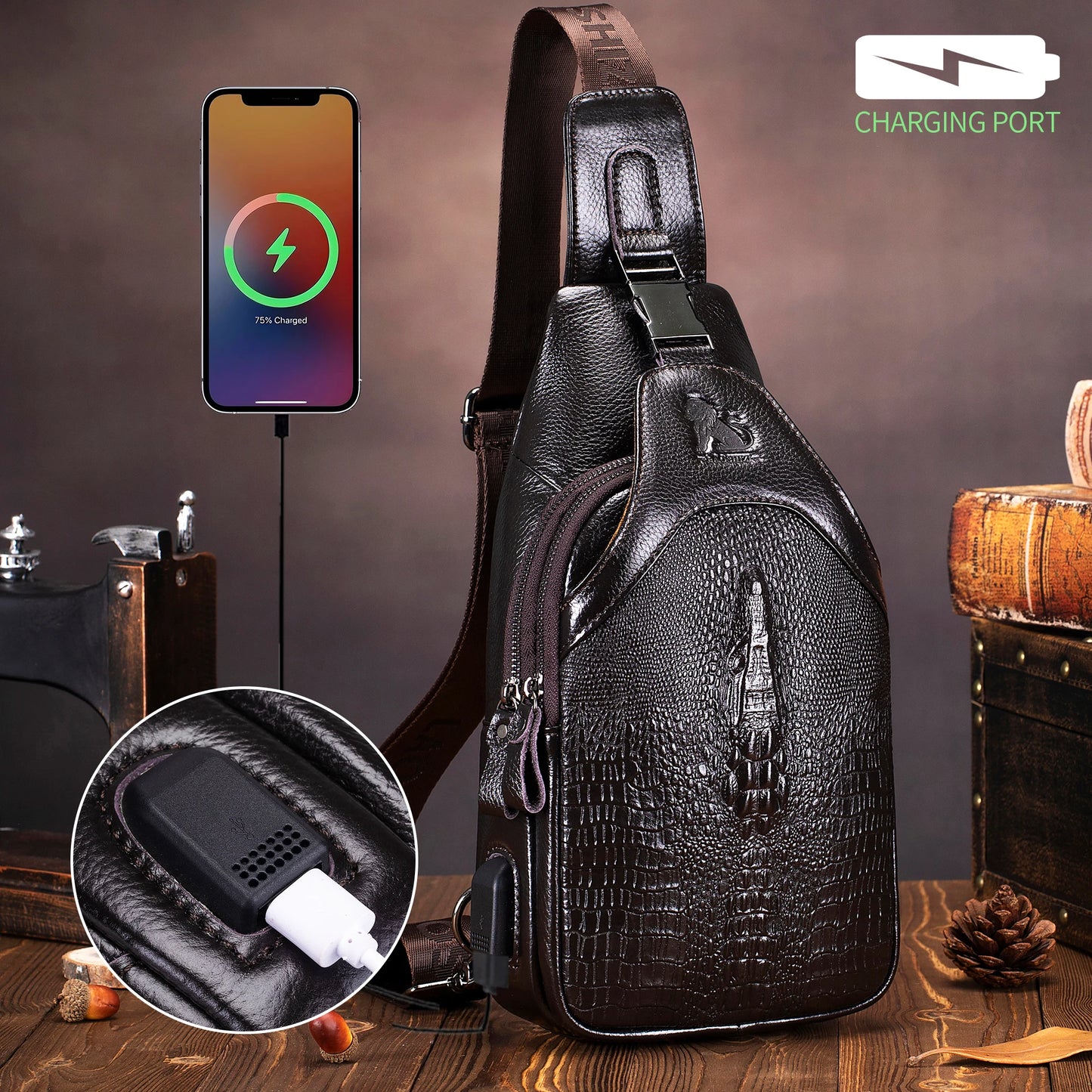 Men's leather chest bag, crossbody bag, crocodile pattern multifunctional bag with USB charging shoulder bag