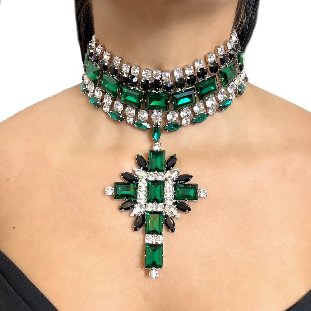 Necklace Set Pendant Bridal Accessories Luxury Design Green Rhinestone Jewellery Sets