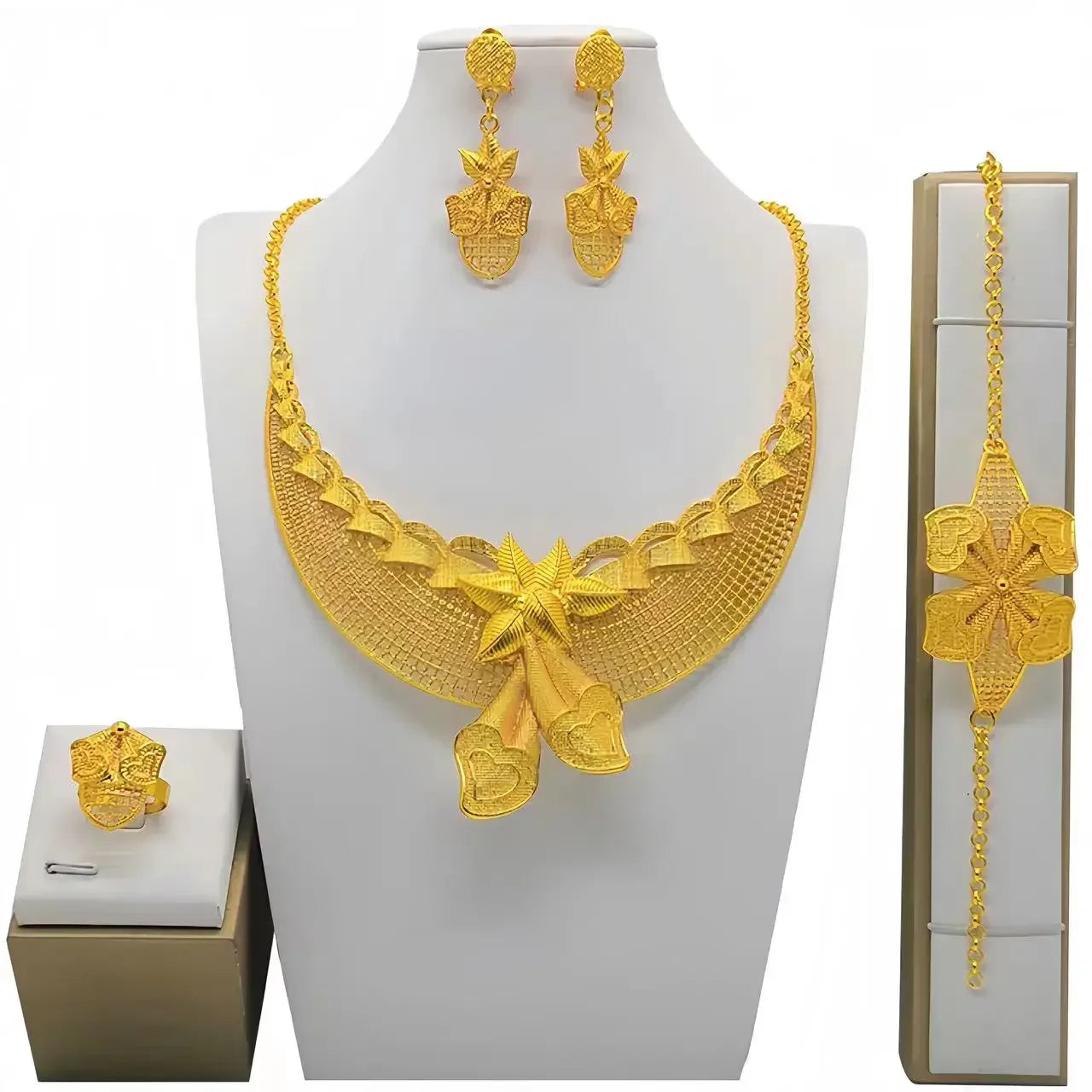 Fashion India Latest Design Jewelry Luxury African Jewelry Necklace Earrings Ring Bracelet Set Dubai Gold Color