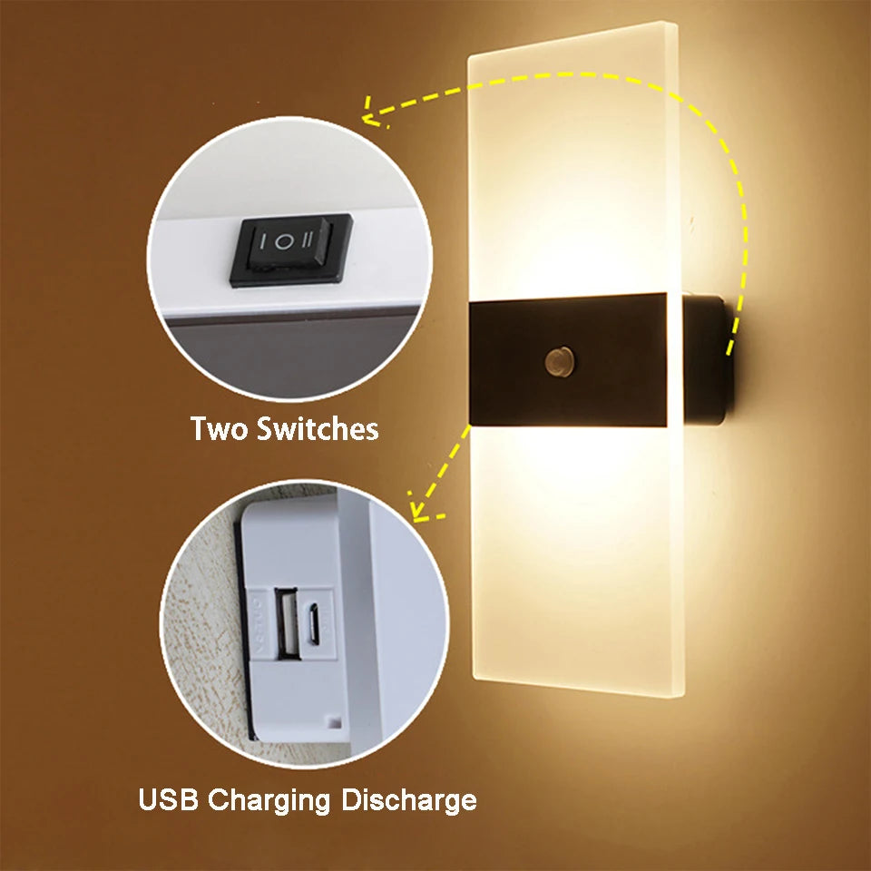 USB Recharge Wall Lamp Touch Motion Sensor Switch Indoor Acrylic Night Lights LED Wall Light