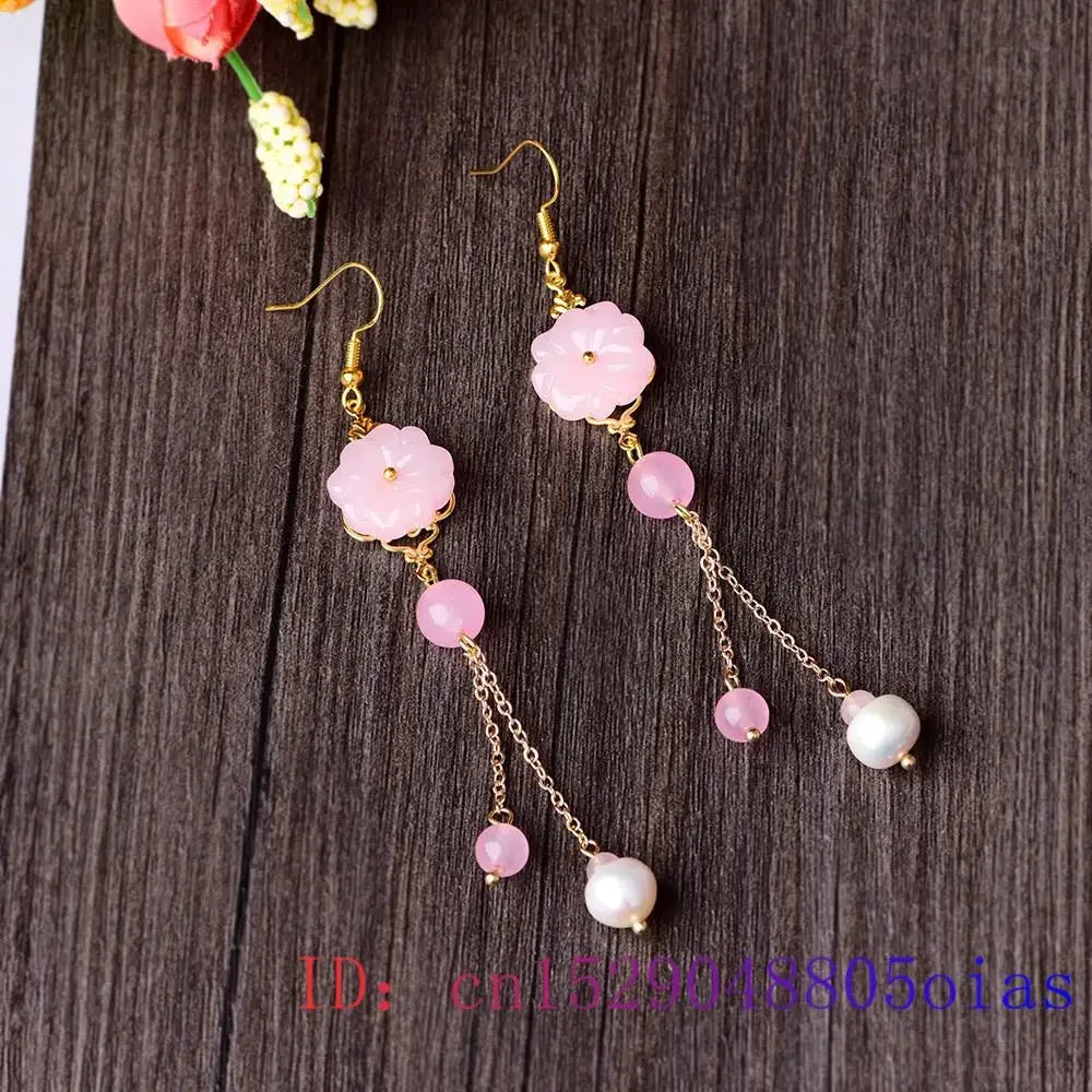 Pink Jade Flower Earrings Chalcedony Gemstone Charm Crystal Jewelry