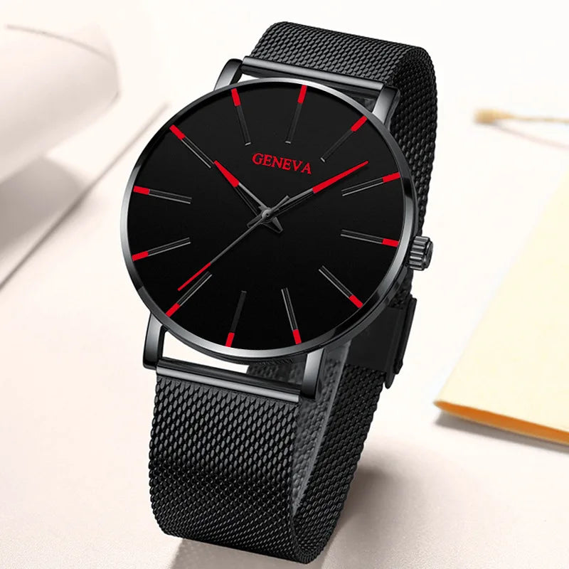 Black Watches Luxury Stainless Steel Ultra Thin Mesh Belt Quartz Wrist Watch