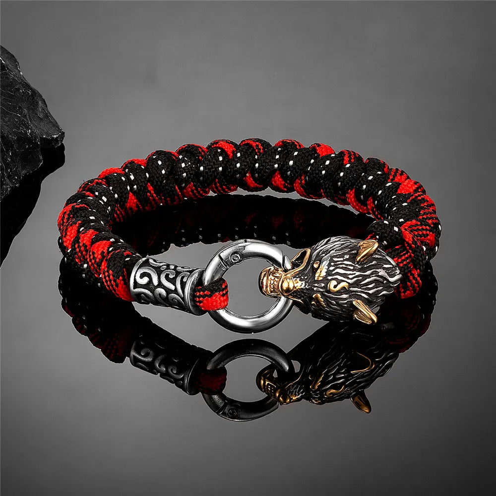 Retro Norse Odin's Wolf Survival Bracelets Men Viking Geri&Freki Stainless Steel Paracord Rope Bangles Handmade Outdoor Jewelry - Hiron Store