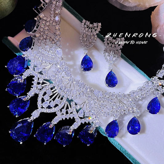 Luxury Designer Jewelry Choker Necklaces Earrings Sets Water Drop Blue Sapphires Silver Color Wedding Bride Women Accessories