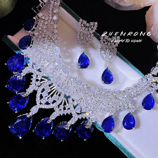 Luxury Designer Jewelry Choker Necklaces Earrings Sets Water Drop Blue Sapphires Silver Color Wedding Bride Women Accessories - Hiron Store