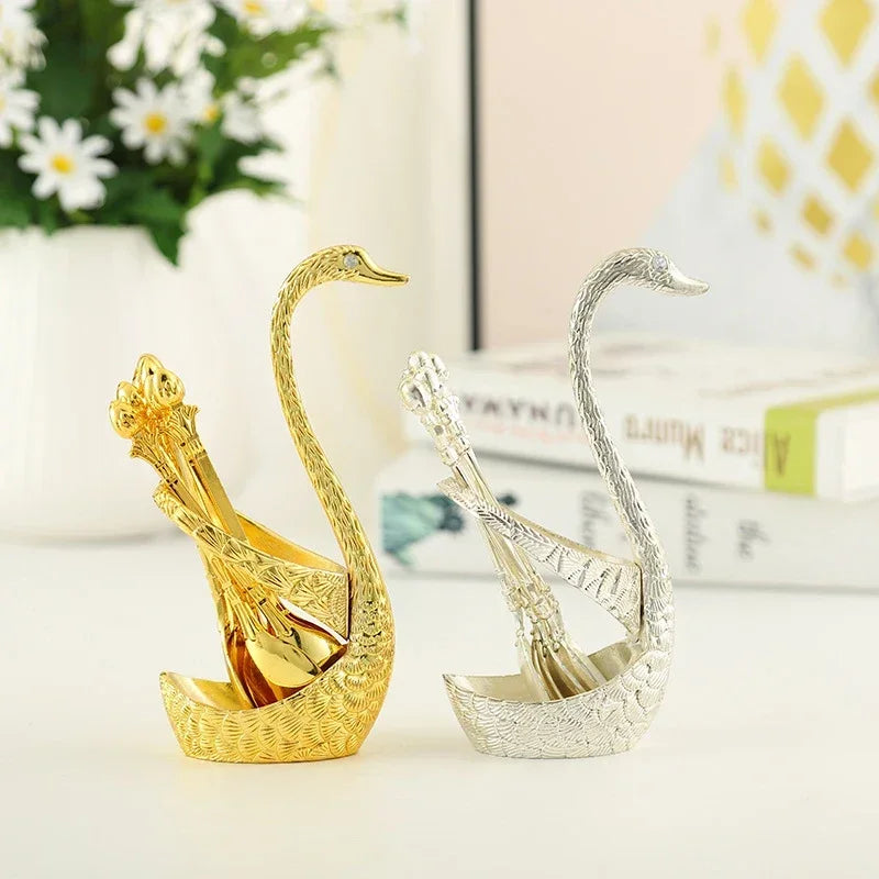 7pcs Spoon Set Zinc Alloy Coffee Spoon with Swan Shaped Holder Creative Luxury Dessert Utensils For Tea Ice Cream Stirring Tools